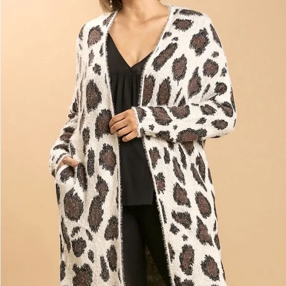 Umgee Fuzzy Eyelash Leopard Longline Open Front Cardi Cardigan Sweater - Picture 7 of 13